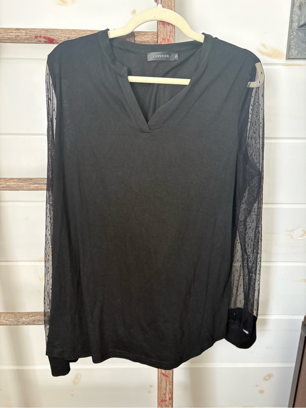 Luxveer Black V-Neck Sheer Sleeve Long Sleeve Top